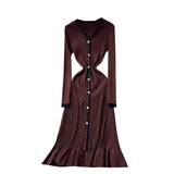 Fongt Small-Sized Famous Woman Hit The Color V-Neck Long Sleeve Single Buckle Waist Knitted Dress Women With Fish Tail