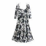 Flower Printing Three Quarter Sleeve Dress Casual Female Square Collar Loose Clothes Lady Vestido