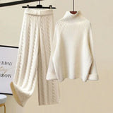 Warm 3 Piece Sets Womens Outfits Office Ladies Turtleneck Knitted Sweater+woolen Parkas Vest+wide Leg Knitting Pants