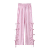 Fongt Bow Tie Side Hollow High-Waisted Casual Trousers 2025 Spring And Summer Women's Broad Leg Trousers