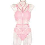 Dark Gothic Fishnet Sexy Bodycon Halter Bodysuits Women Grunge Punk Hollow Out Nightclub Lingerie Patchwork Emo Alt