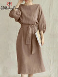 Dress Women 2023 New Cotton Linen Solid Lace Up Casual Oversize O Neck Chic Long Sleeve Midi Dresses for Women with Belt-Outfit