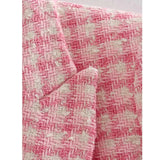 Women Fashion Double Breasted Houndstooth Tweed Blazers Coat Vintage Long Sleeve Frayed Trim Female Outerwear Chic