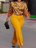 Fongt Women's Ebay Printed Long-Sleeved Shirt Temperament Elegant Broad Leg Pants Fashion African Set