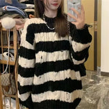 Fongt Cool Soft Waxy Round Collar Stripe Hole Hollow Out Sweater Loose Lazy Wind Design Sense Small Medium Long Sweater-Outfit