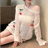 Fongt Summer Long Sleeve Design Sense Hollow Sunscreen In The Long Top With A New White Cherry Thin Knit-Outfit