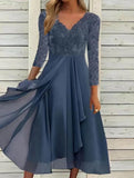 Fongt And Winter Long-Sleeved Chiffon Dress Splicing V-Neck Lace Hollow-Out Bridesmaid Evening