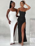 One Shoulder Split Maxi Dress Spaghetti Strap Pleated Bodycon Dress Elegant Party Wedding Evening Dresses for Women