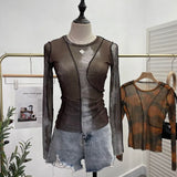 Sunset Sun Dyed Elastic Mesh Yarn T-Shirt Stacked With Long-Sleeved Top Press Line T-Shirt