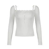 Sexual Wind Lace Splicing Bow Hollowed-Out Long-Sleeved Knitted T-Shirt A Variety Of Thin Solid Color Blouse-Outfit