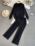 Fongt Suit Women's Korean Version Of Loose Knitted Hoodie Two Sets Of Leisure High-Rise Thin Straight Broad Leg Pants