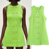 Round Neck Women's Metal Buckle Textured Dress Harajuku Green Chic Sweet Women's