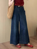 Fongt Kong Wind Dark Blue High-Waisted Horn Nine-Point Jeans Women 2025 Autumn Small Loose Thin Broad Leg Pants