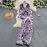 Fongt Fashion Positioning Print Strapping Belt Collar Long Sleeve Top Female High-Waist Broad Leg Straight Trousers Set