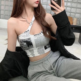 spaghetti strap tank top woman newspaper letter print wirefree bra camis for women camisole new trend-Outfit
