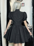 Dark Chinese Style Vintage Cheongsam Dresses Mall Gothic Jacquard Elegant Black Women Dress Puff Sleeve Grunge Alt