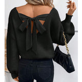 Fongt Women's V-Neck Solid Color Sweater Autumn New Long-Sleeved Casual Loose Bow Top Woman