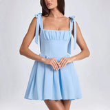 Fongt Summer New Women's Fashion Collar High Waist Folded Splicing Bow Sling Dress