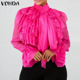 Elegant Blouse OL Style Stand Collar Shirts Ruffled Tops 2022 VONDA Female Casual Baggy Blusas