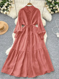 Fongt Fashion Casual Long-Sleeved Shirt Dress Women Loose Tidive With Long Skirt 0515