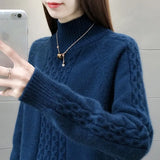 Mock Neck Ribbed Knitted Tops Women Casual Thick Warm Twist Sweaters Korean Basic All Match Bottoming Knitwear