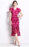 Fongt Retro Niche Design Drawstring Print V-Neck Dress Summer Women's Pocketed Fishtail Skirt Tide