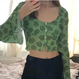 Floral Print Green T-shirt Y2K Aesthetics Mesh Buttons Flare Sleeve Crop Tops 90s Women Vintage Clothes Summer