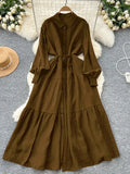 Fongt Fashion Casual Long-Sleeved Shirt Dress Women Loose Tidive With Long Skirt 0515