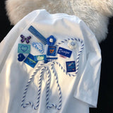 Chic Appliques Butterfly Bow Creative T Shirts Sweet Girl Kawaii Clothes 2023 Summer Large 2XL Korean Brand Office Ladies-Outfit