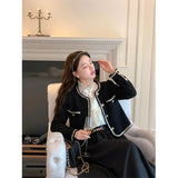 Tweed Cropped Jackets Women Elegant Black Coat Korean Thicken Warm Single Breasted Blazer Casual Short Outerwear Tops-Outfit