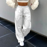 White Casual Baggy Womens Joggers Sweatpants Contrast Stitching Stripe Drawstring Elastic High Waist Hippie Harem