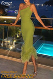 Elegant One Shoulder Feather Bottom Midi Dresses for Women 2023 Spring Summer Sleeveless Bodycon Long Dress