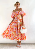 Fongt Summer New Bubble Sleeve Holiday Show Skinny Dress Babes High-Waisted Shoulder-Print Dress Dress Woman
