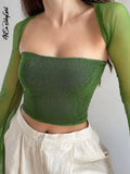 Top Long Sleeve T Shirt 2 Piece Crop Top Women Y2K Clothes Autumn Spring 2023 Solid Square Neck Streetwear Green