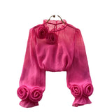 Fongt Shirt Female Design Sense Small Three-Dimensional Flower Bubble Sleeves To Reduce The Age Of Pure Color Chiffon Shirt Women's Long-Sleeved Top
