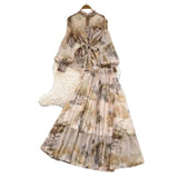 Fongt Temperament Two Sets Of Female High-Grade Style Straps To The Waist Lantern Sleeve Print Chiffon Top + High Waist Skirt