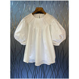 Fongt Blouse for Women 2023 Blusas Mujer De Moda O-neck Puff Sleeve Loose Folds Summer Shirts Korean Temperament Tops Female 1215-0-Outfit
