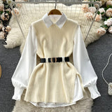 Light Luxury Ladies Dress Set Women's Loose Long-sleeved White Shirt Top + Slit Knitted Vest Vest Two-piece Set-Outfit