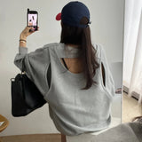 Back Hollow Out Hoodies Women Spring Fake Two Piece Womens Clothing Loose O Neck Ropa Mujer Fashion Casual Hoodie-Outfit