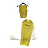 Fongt Kong Style Retro Hottie Suit Women's Summer Short Vest Top With High Waist Half Skirt Knit Two Sets
