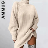 and Winter New Women's Knitwear Pullover Mid-length Raglan Sleeves Half Turtleneck Sweater Dress Loose and Soft-Outfit