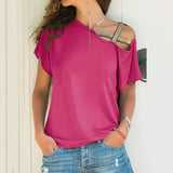 Fongt Explosion Casual Slanted Shoulders Cross Irregular Short-Sleeved Print Women T-Shirts