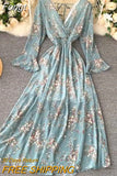 Women Sexy Boho Dress New 2023 Spring Autumn Long Sleeve V Neck Backless Long Dresses Ladies Vintage Floral Printed