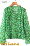 Long Sleeve See Through Chiffon Blouse Shirts Tops V Neck Ruffled Tops Spring Autumn French Style Casual Blouse