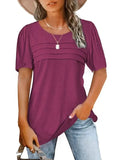 Fongt Women's Summer Round-Neck Short-Sleeved Chest Tuck Line Folded Blouse T-Shirt