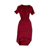 Fongt Solid-Color Temperament Round-Neck Knitted Tight Skirt Dress Bag Hip One-Step Skirt Dress Mid-Long Model