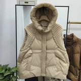 Knit Sleeve Down Vest Female 2024 Winter New Fashion Hooded Design Sense Warm Small People Wearing A Vest-Outfit