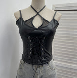 Fongt Shooting Locomotive Punk Pu Splicing Fishing Net Hanging Neck Sling Vest Babes Wearing Rope Repair Short Blouse 8106