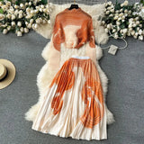 New Advanced Casual Women's Elastic Long Sleeve Pleated Top+High Waist Pleated Half Skirt Printed Skirt 2-piece Set-Outfit