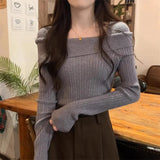 Word Shoulder Knitted Bottom Sweater Underwear Sweater Autumn And Winter Minority Design Chic Short Blouse-Outfit